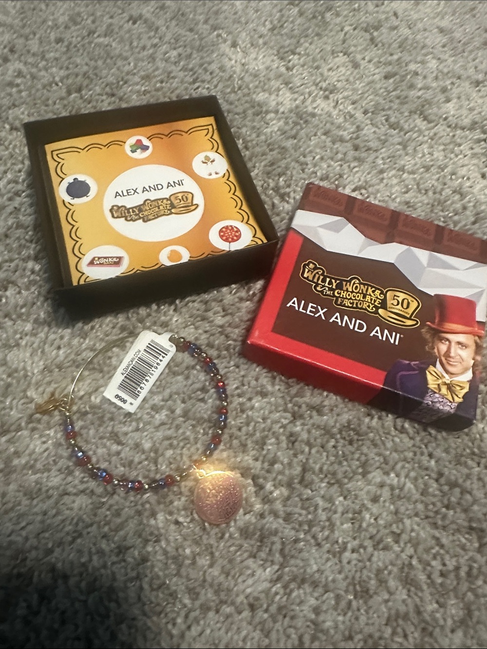 Alex and Ani Willy wonka anniversary blue & Red Beaded Bracelet with Gold Charm